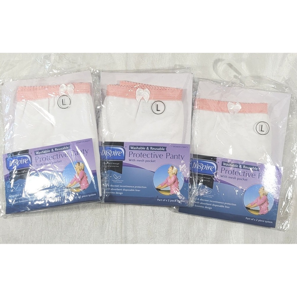 LOT: 3 Pairs Inspire Women's Protective Panty w/ Mesh Pocket - White/Pink - L